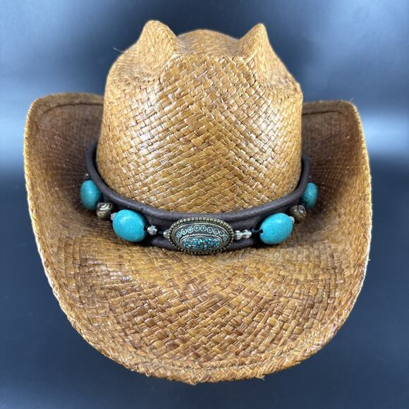 Shady Brady Straw Hat Medium Western USA Brown Band Turquoise/Stone Details - Picture 3 of 15